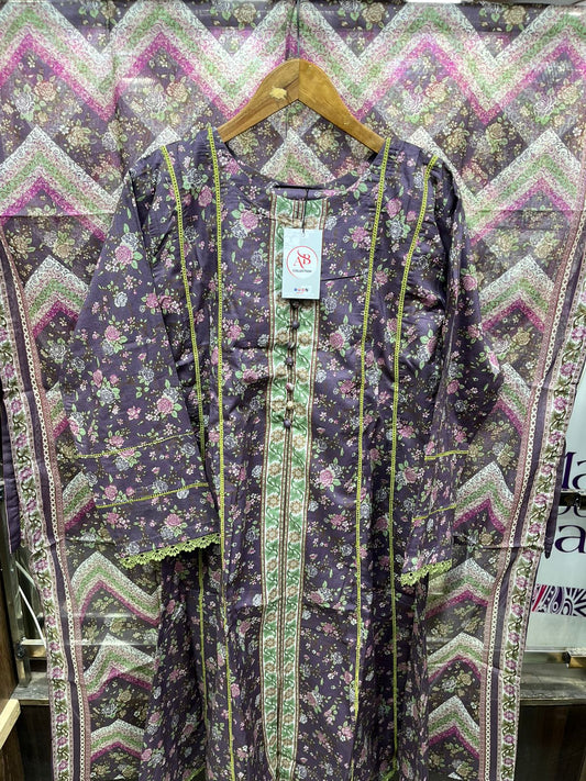 Royal Purple & Lime Green Meadow Floral Lawn Frock
