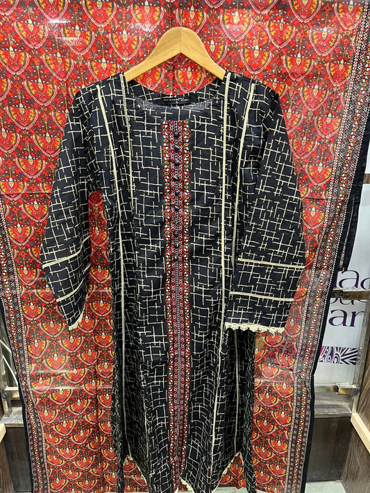 Midnight Black & Crimson Grid Print Lawn Frock