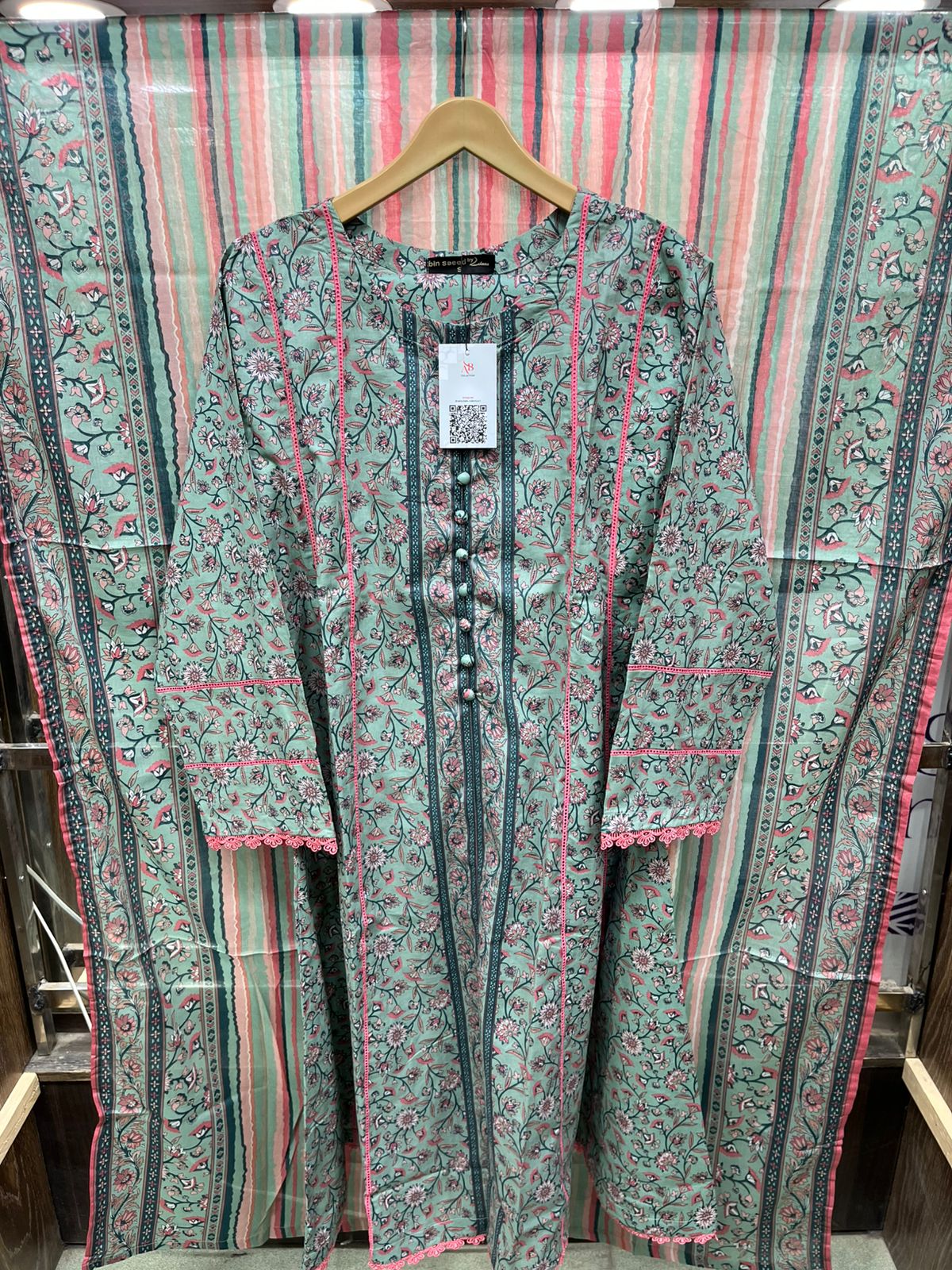 Mint Green & Coral Floral Lawn Frock