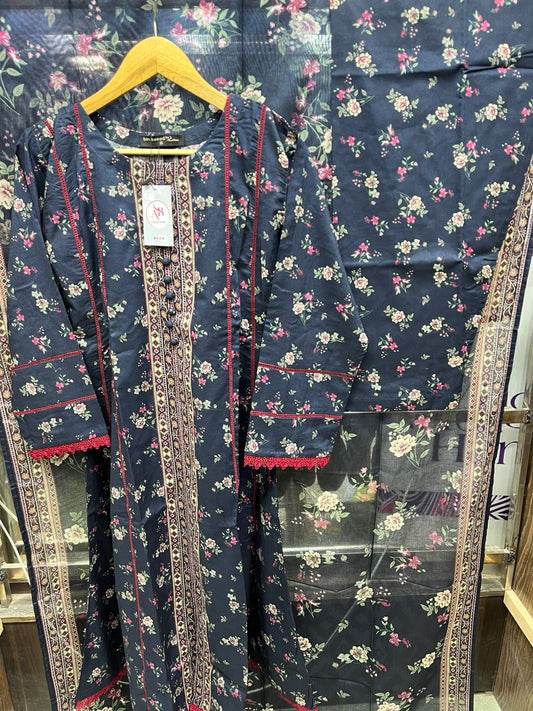 Midnight Navy & Crimson Floral Lawn Frock