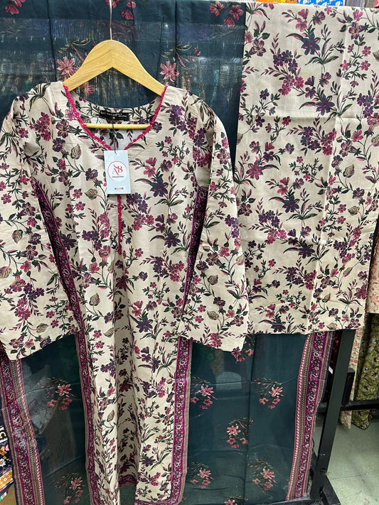 Bin Saeed Beige Floral Lawn 3 Piece Magenta Accents & Dark Forest Dupatta