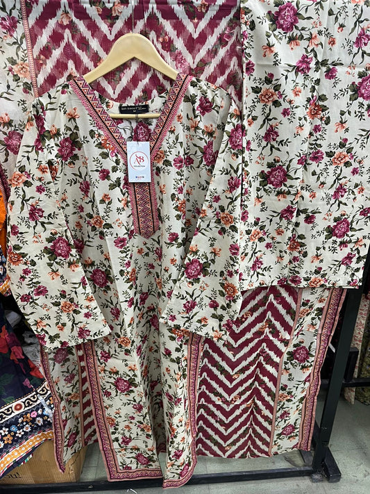 Luxury Cream Floral Lawn 3 Piece Suit Maroon Ikat Accents