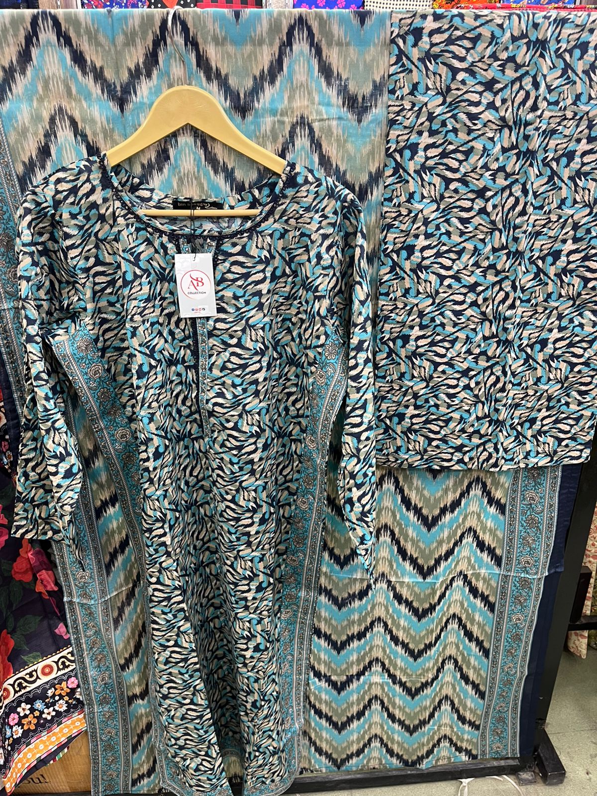 Classic Blue & Teal Abstract Print 3-Piece Lawn Suit