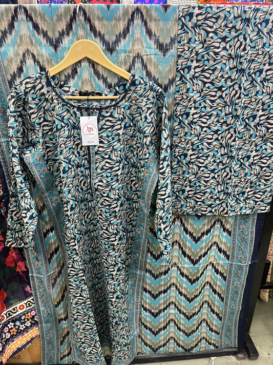 Classic Blue & Teal Abstract Print 3-Piece Lawn Suit