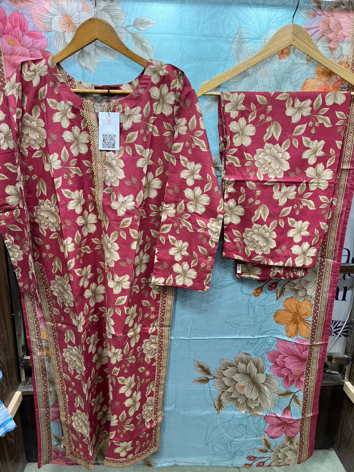 Rich Magenta & Sky Blue Floral 3 Piece Lawn Suit