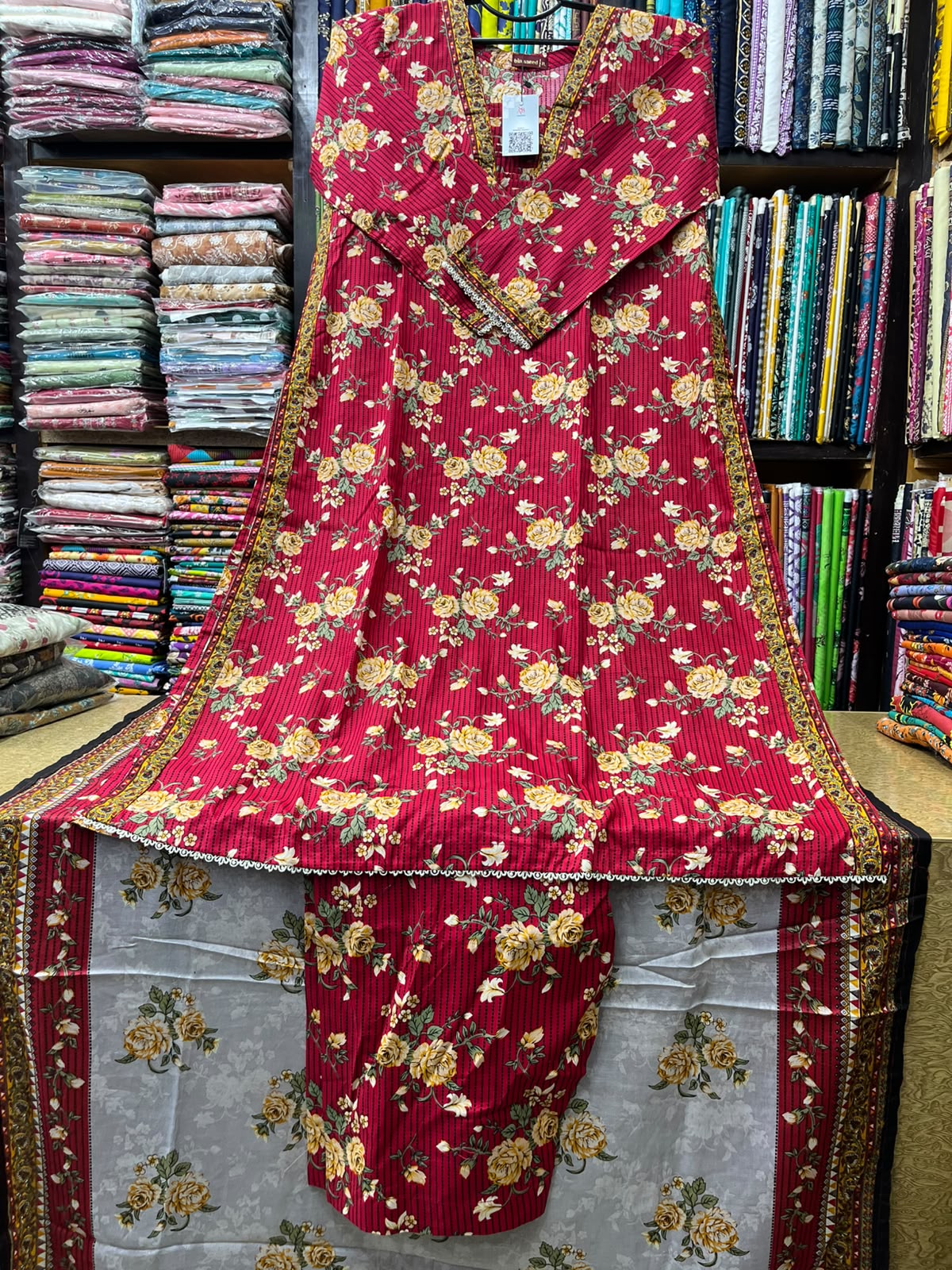 Premium 3-Piece Stitched Lawn Suit Crimson Red Floral A-Line Kurti with Contrasting Dupatta