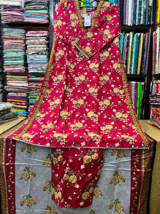 Premium 3-Piece Stitched Lawn Suit Crimson Red Floral A-Line Kurti with Contrasting Dupatta