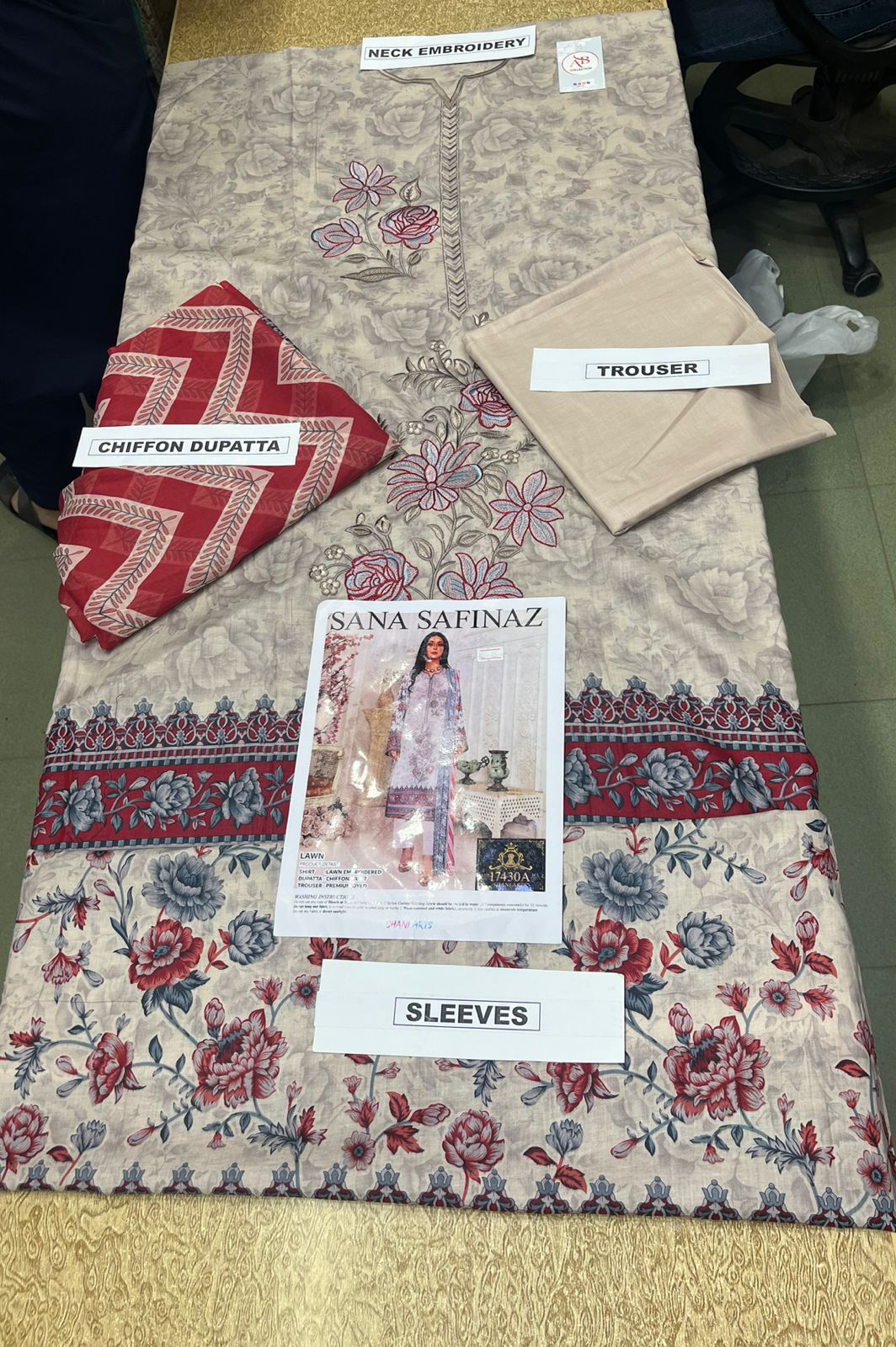 Premium Unstitched 3 Piece Embroidered Lawn Suit – Floral Beige with Red Chiffon Dupatta