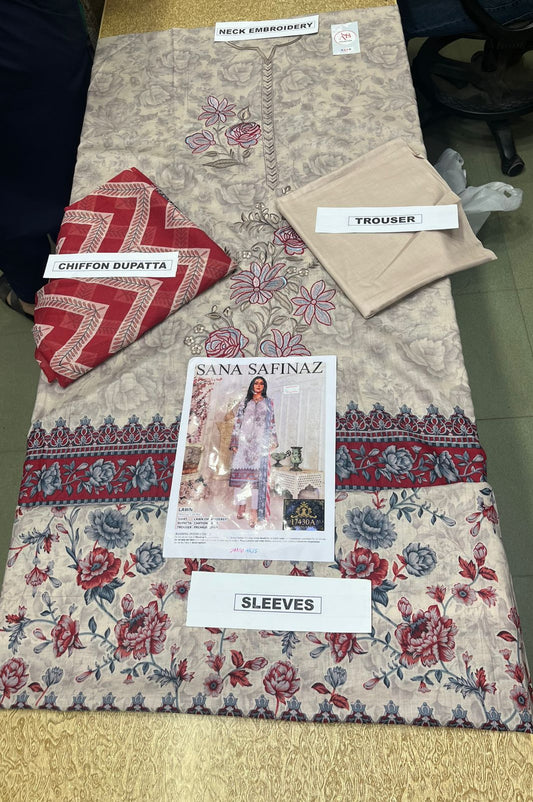 Premium Unstitched 3 Piece Embroidered Lawn Suit – Floral Beige with Red Chiffon Dupatta