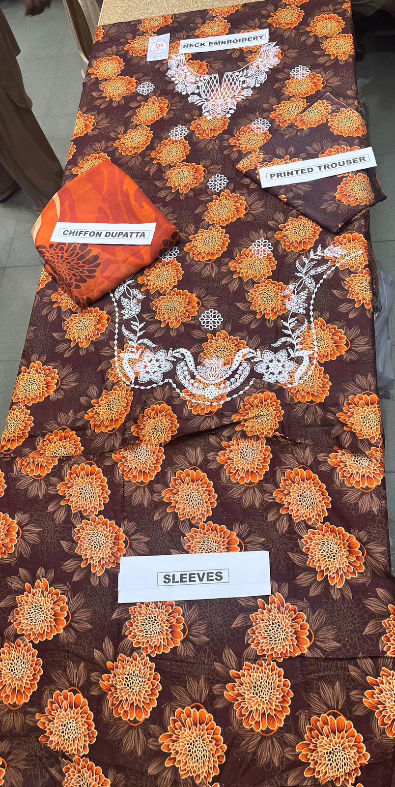 Premium Unstitched 3 Piece Embroidered Lawn Suit Chocolate Brown & Orange Floral with Chiffon Dupatta