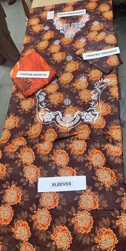 Premium Unstitched 3 Piece Embroidered Lawn Suit Chocolate Brown & Orange Floral with Chiffon Dupatta
