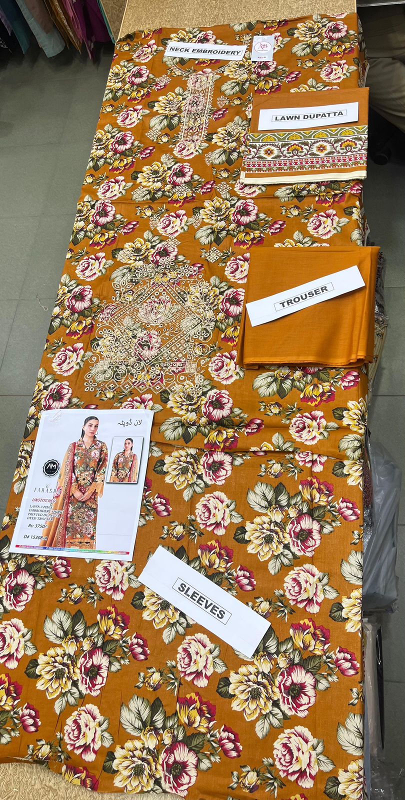 Premium Unstitched 3 Piece Embroidered Lawn Suit Mustard Yellow Floral with Lawn Dupatta