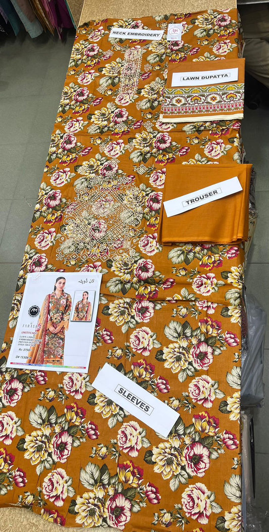Premium Unstitched 3 Piece Embroidered Lawn Suit Mustard Yellow Floral with Lawn Dupatta