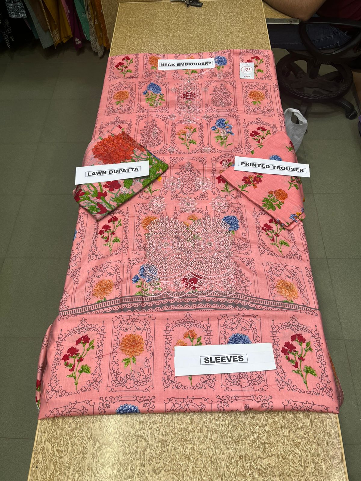 Premium Unstitched 3 Piece Embroidered Lawn Suit Peach Pink Floral Arch Print with Lawn Dupatta