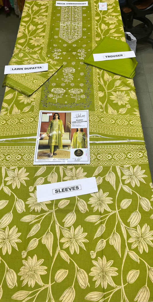Premium Unstitched 3 Piece Embroidered Lawn Suit Lime Green Floral with Lawn Dupatta
