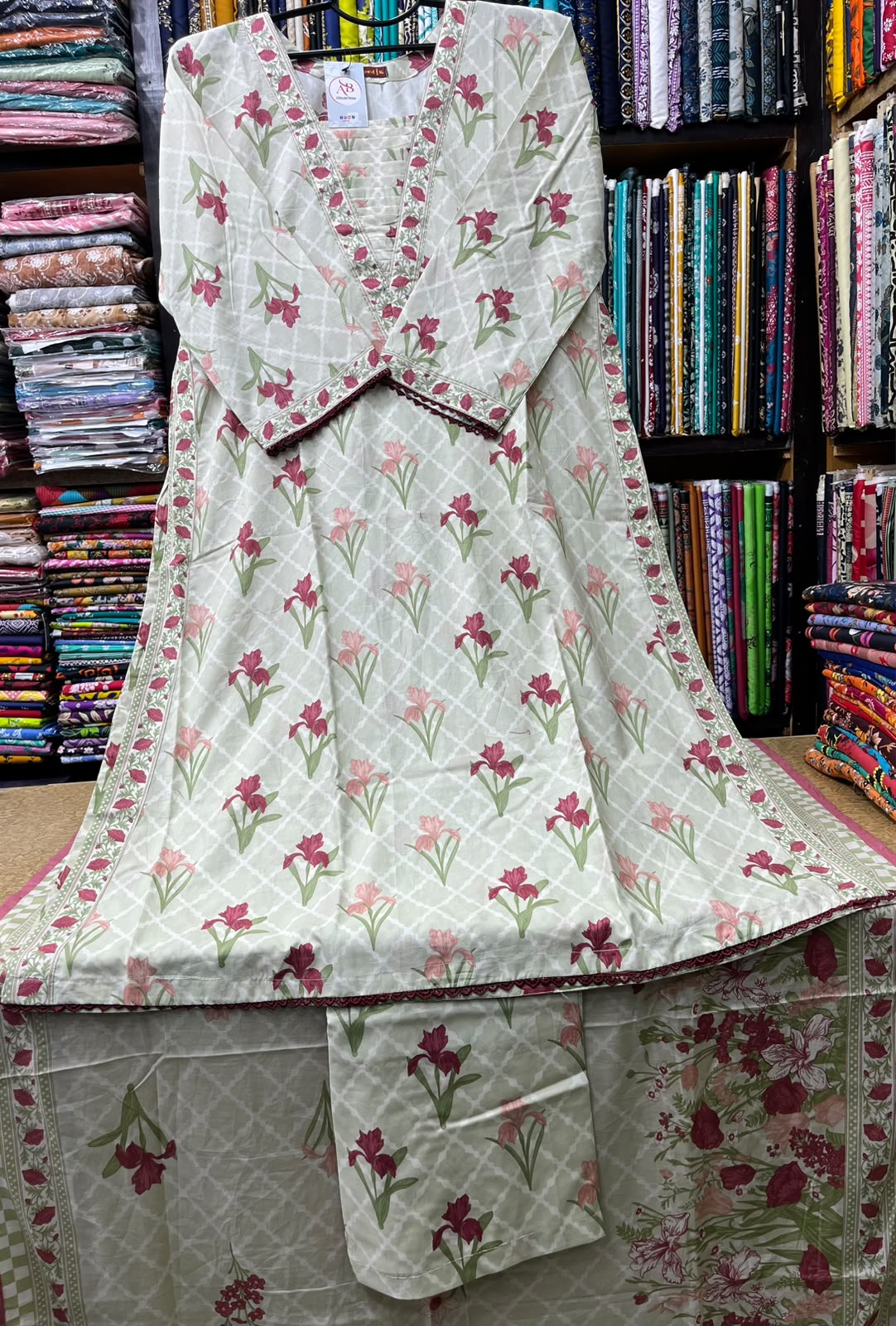 Premium 3-Piece Stitched Lawn Suit Floral Print A-Line Kurti with Embroidered V-Neck placket & Floral Dupatta