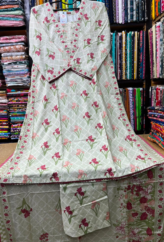 Premium 3-Piece Stitched Lawn Suit Floral Print A-Line Kurti with Embroidered V-Neck placket & Floral Dupatta