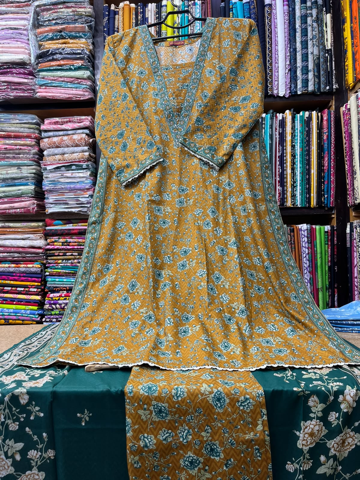 Premium 3-Piece Stitched Lawn Suit Mustard Yellow Floral A-Line Kurti with Emerald Green Dupatta