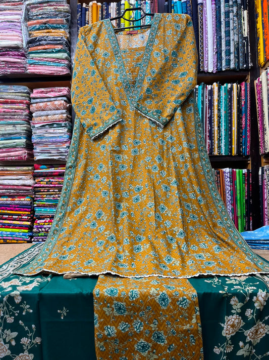 Premium 3-Piece Stitched Lawn Suit Mustard Yellow Floral A-Line Kurti with Emerald Green Dupatta
