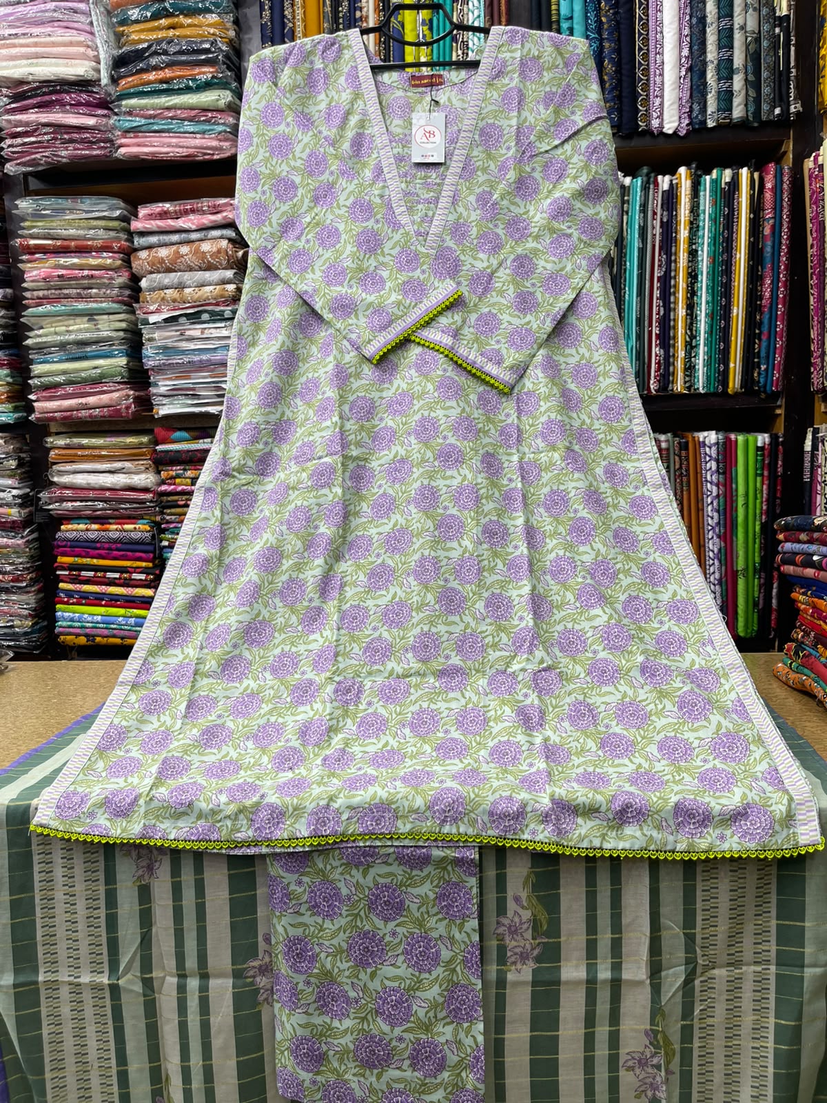 3-Piece Stitched Lawn Suit Lavender Floral A-Line Kurti with Geometric Striped Dupatta