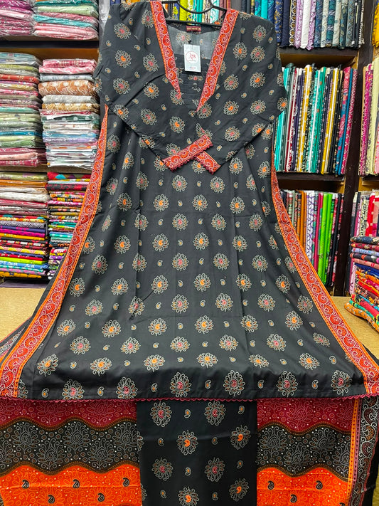 Premium 3-Piece Stitched Lawn Suit Black Chunri Print A-Line Kurti with Rust-Orange Dupatta