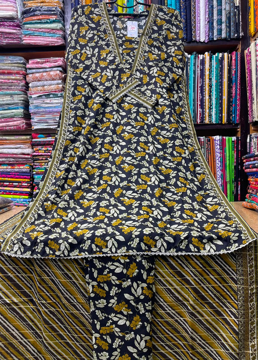 Premium 3-Piece Stitched Lawn Suit  Black Foliage Print A-Line Kurti with Olive & Mustard Diagonal Striped Dupatta