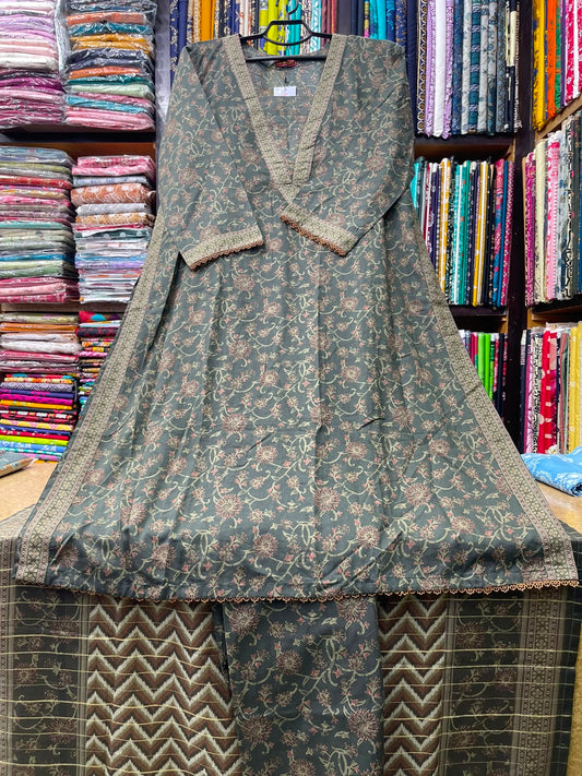 Premium 3-Piece Stitched Lawn Suit  Charcoal Grey Floral A-Line Kurti with Geometric Chevron Dupatta