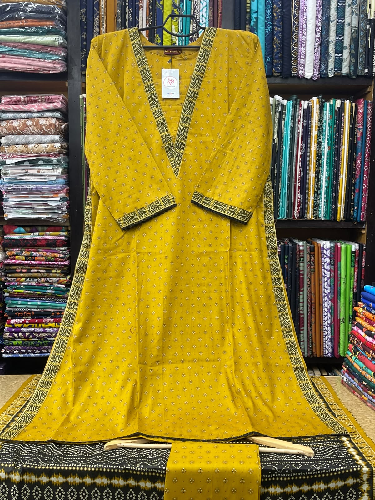 Premium 3-Piece Stitched Lawn Suit Mustard Yellow Tiny Motif A-Line Kurti with Monochrome Chunri Dupatta