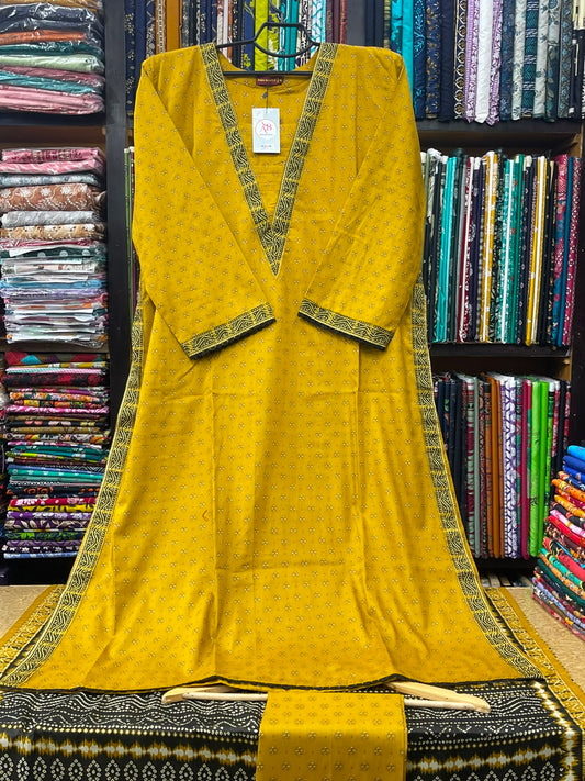 Premium 3-Piece Stitched Lawn Suit Mustard Yellow Tiny Motif A-Line Kurti with Monochrome Chunri Dupatta