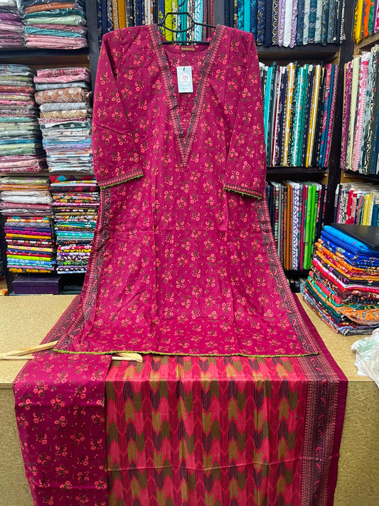 Premium 3-Piece Stitched Lawn Suit – Plum Magenta Floral A-Line Kurti with Ikat Geometric Dupatta