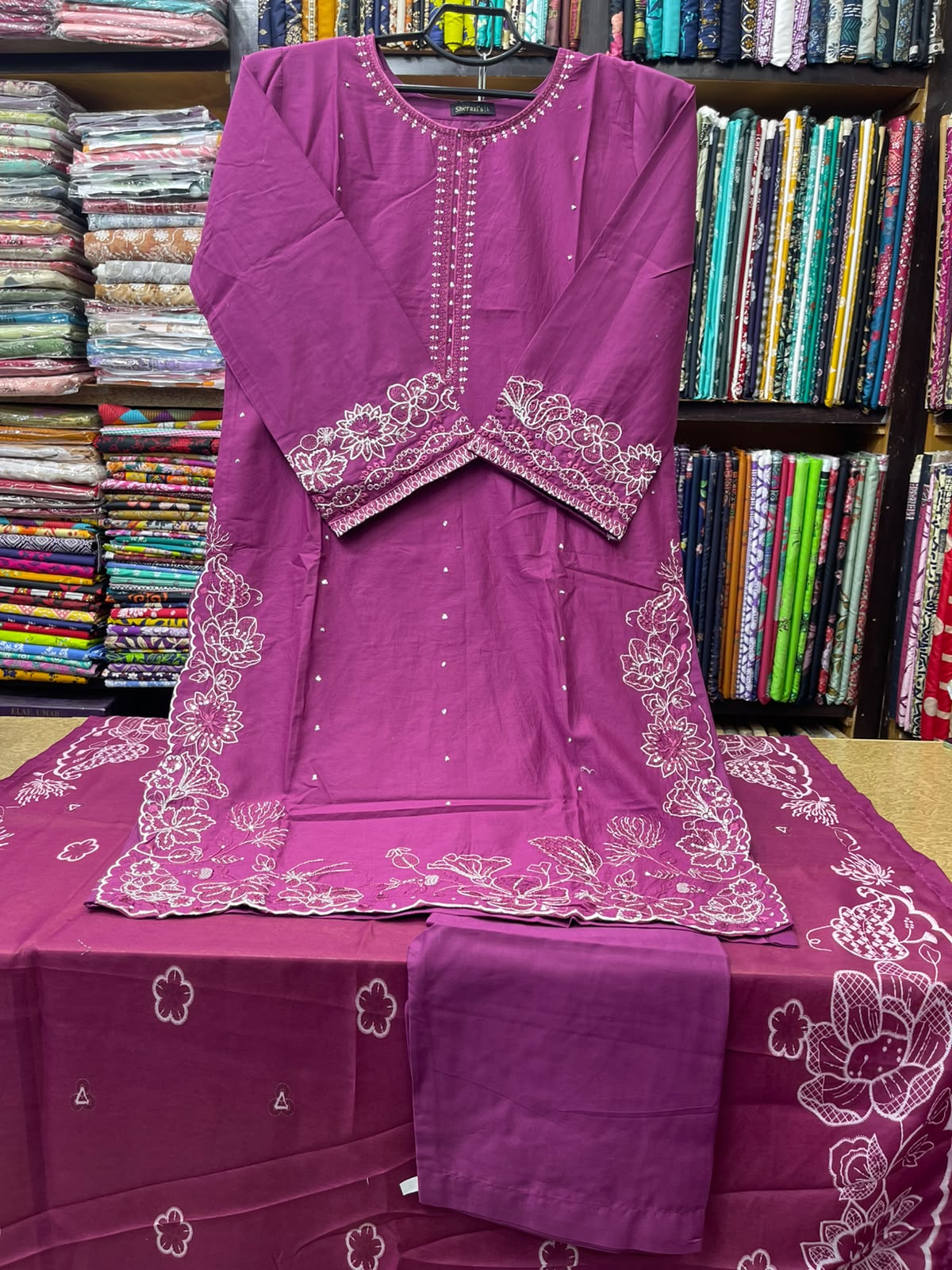 Premium Stitched 3 Piece Magenta Lawn Suit with Elegant White Floral Embroidery