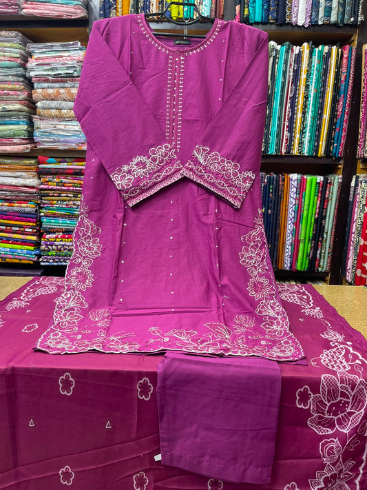Premium Stitched 3 Piece Lawn Suit with Elegant White Floral Embroidery
