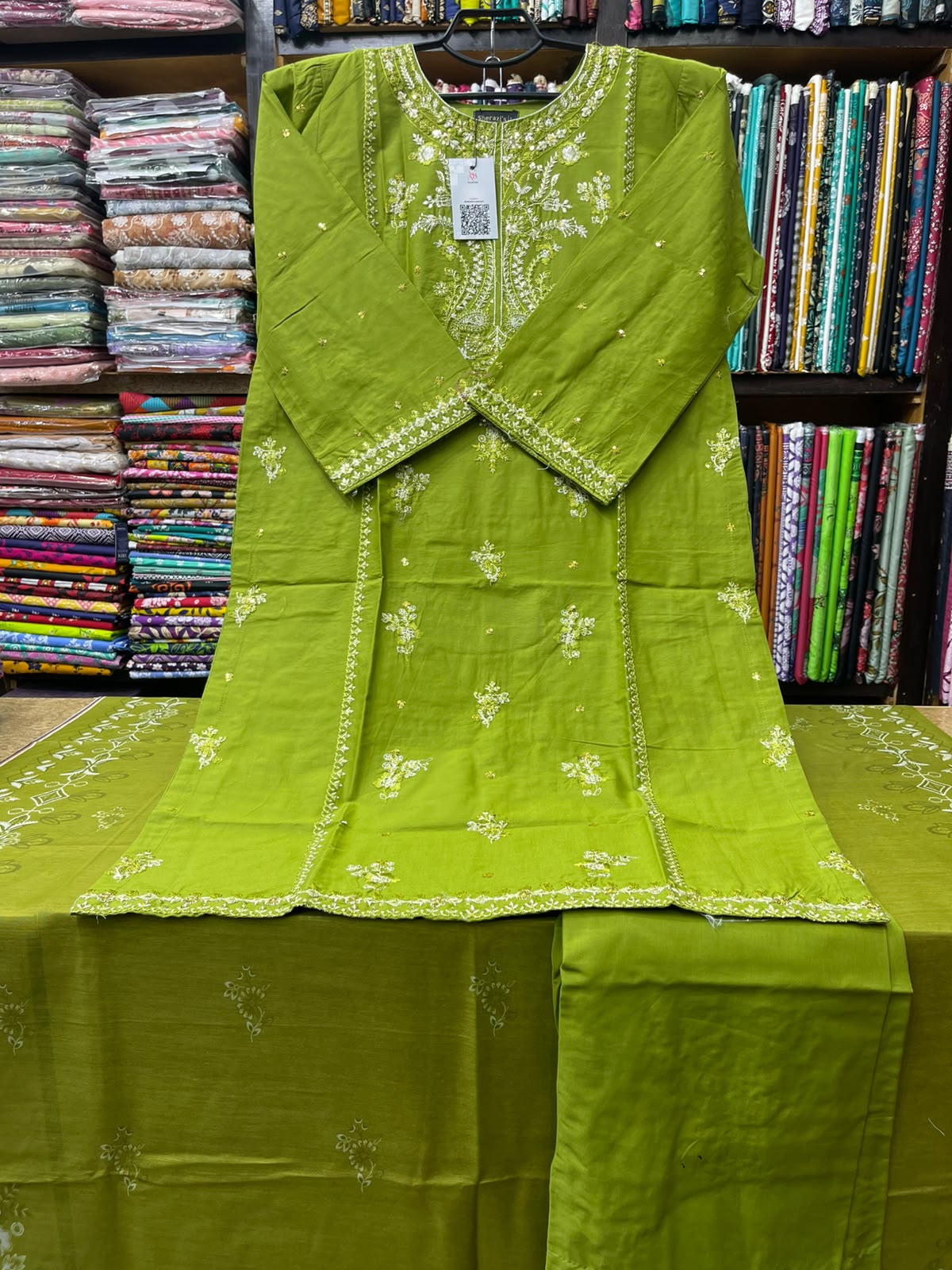 Premium Stitched 3-Piece Lime Green Lawn Suit with Delicate Floral Embroidery