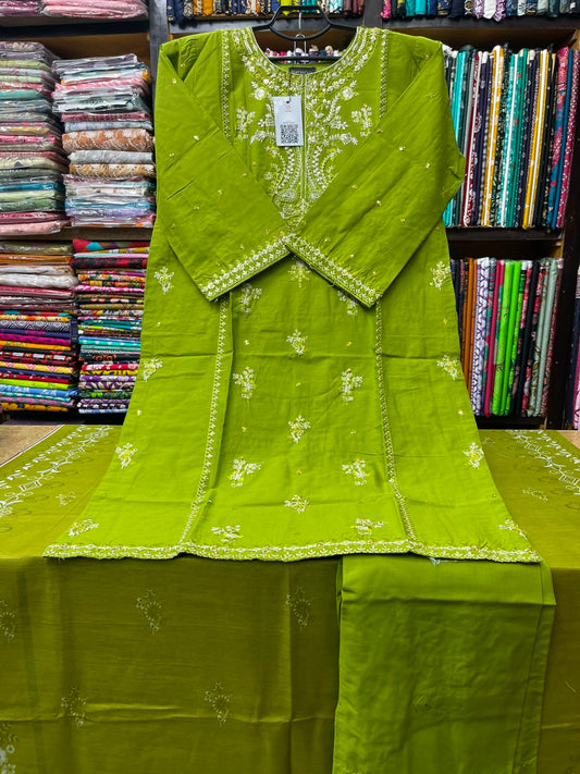 Premium Stitched 3-Piece Lime Green Lawn Suit with Delicate Floral Embroidery