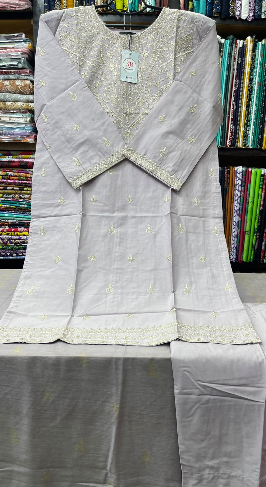 Premium Stitched 3 Piece Lilac Grey Lawn Suit with Soft Ivory Embroidery