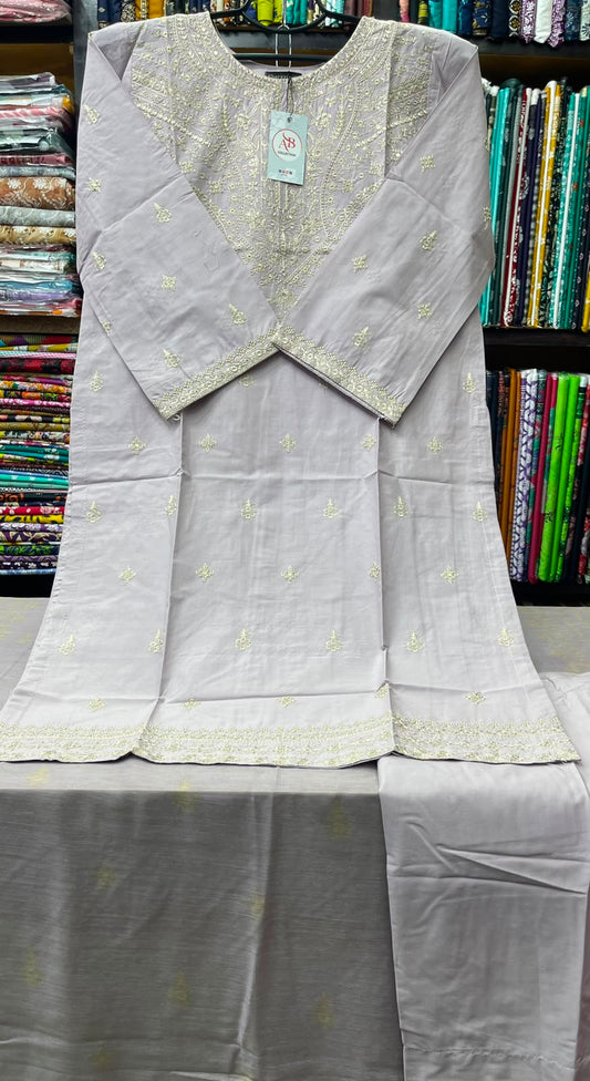 Premium Stitched 3 Piece Lilac Grey Lawn Suit with Soft Ivory Embroidery