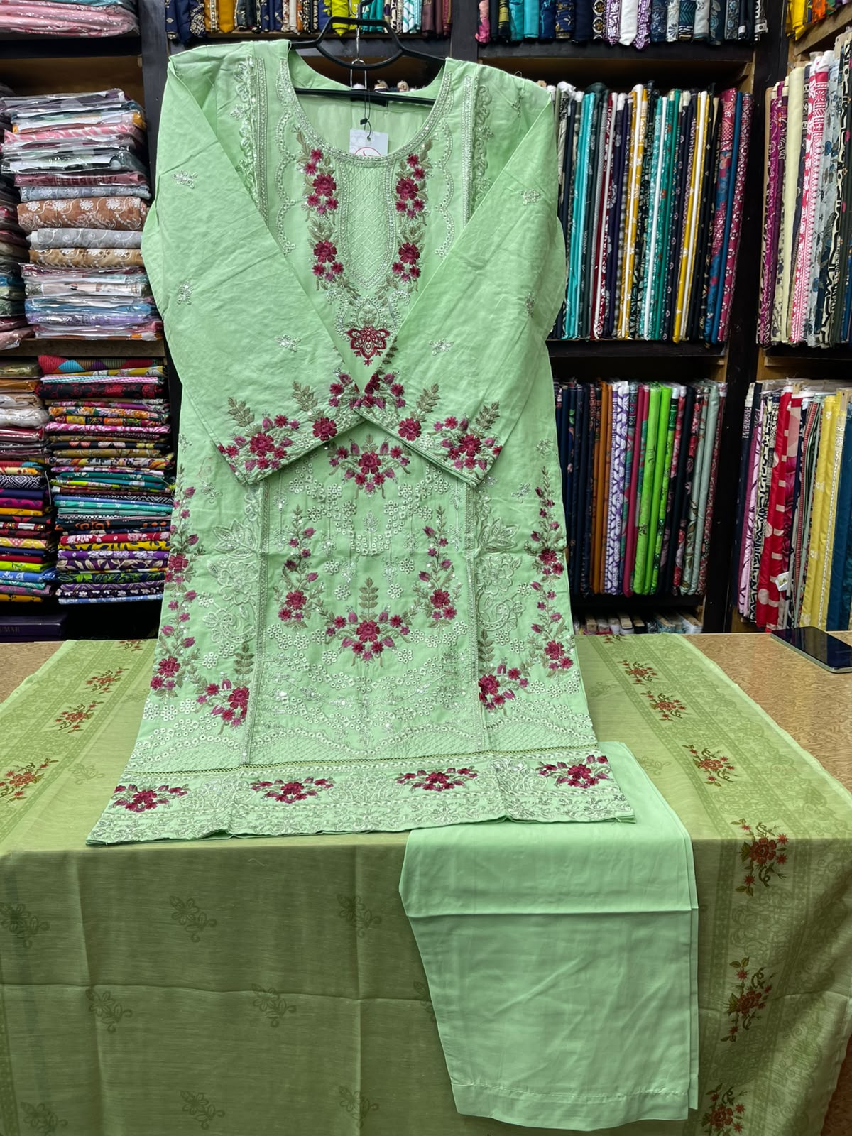 Premium Stitched 3 Piece Mint Green Lawn Suit with Contrast Rose Pink Embroidery