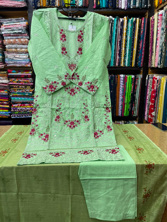 Premium Stitched 3 Piece Mint Green Lawn Suit with Contrast Rose Pink Embroidery