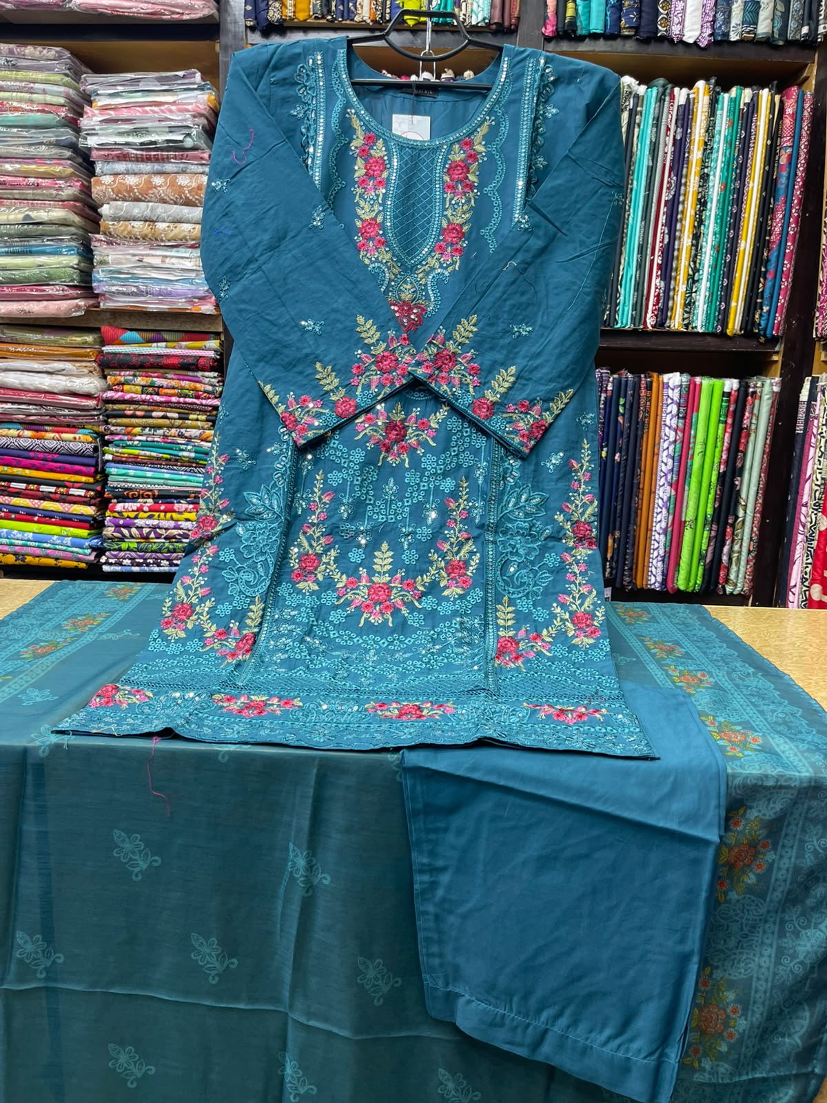 Premium Stitched 3 Piece Teal Blue Lawn Suit with Vibrant Rose Pink Embroidery