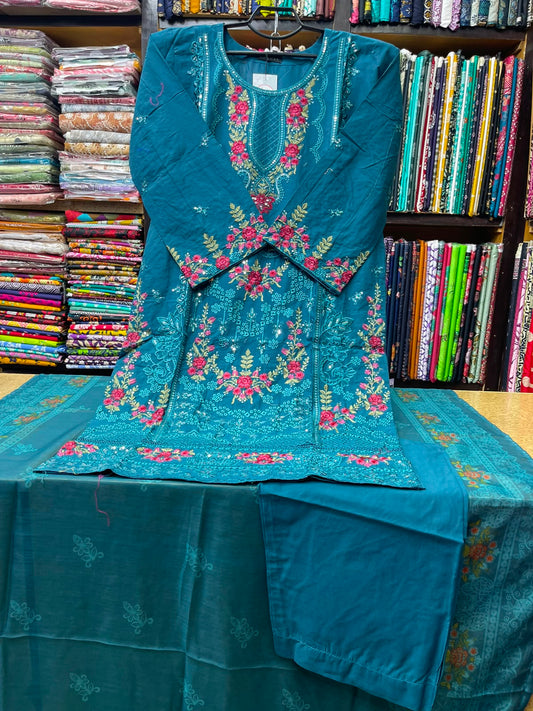 Premium Stitched 3 Piece Teal Blue Lawn Suit with Vibrant Rose Pink Embroidery
