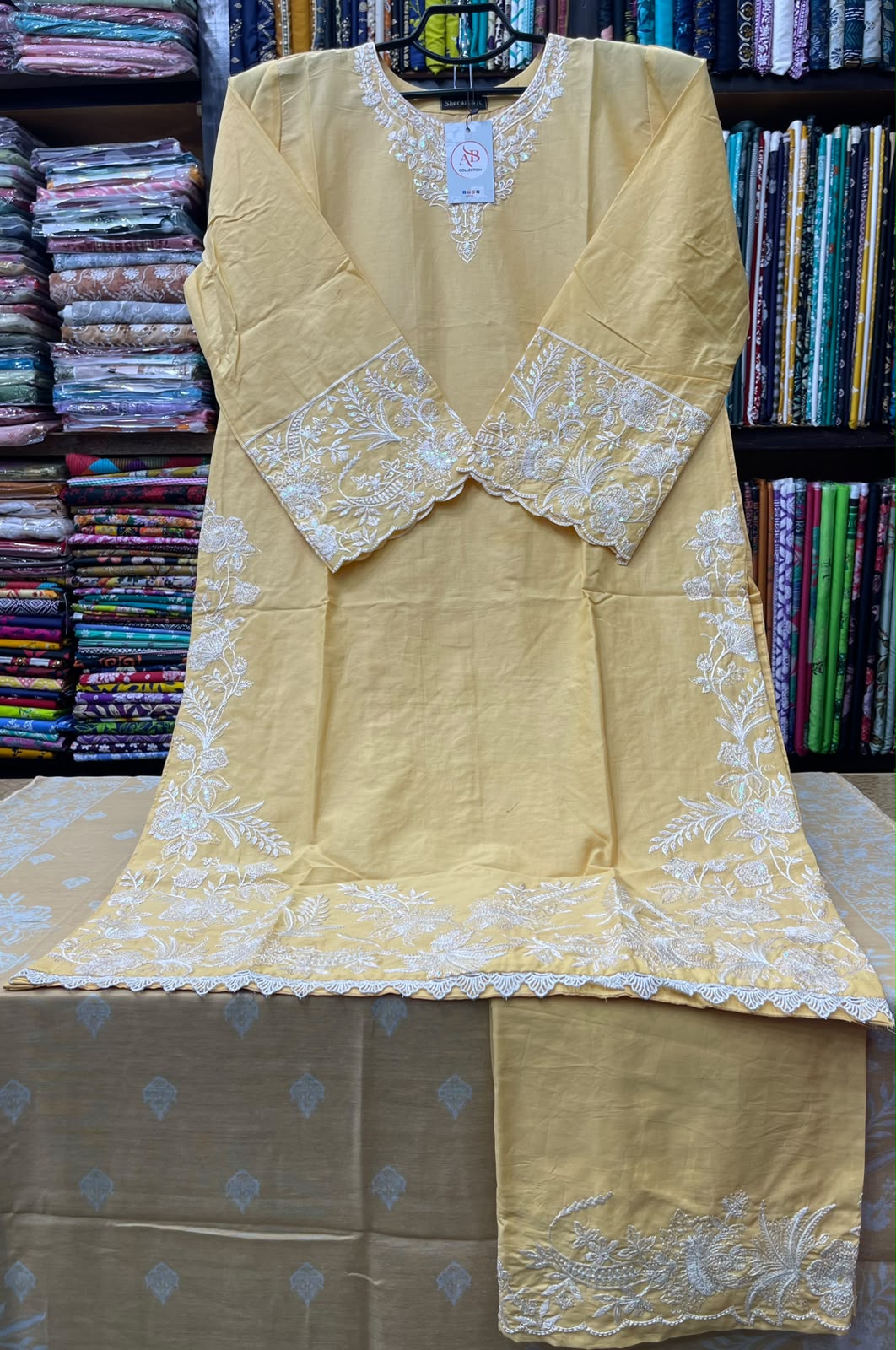 Premium Stitched 3-Piece Mustard Yellow Lawn Suit with White Floral Embroidery