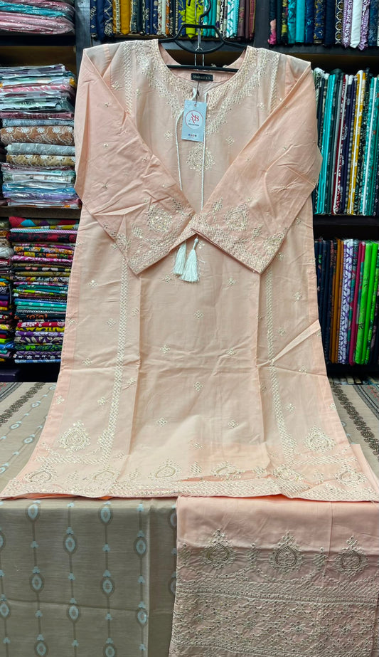 Premium Stitched 3-Piece Peach Lawn Suit with Tonal Embroidery and Tassel Details