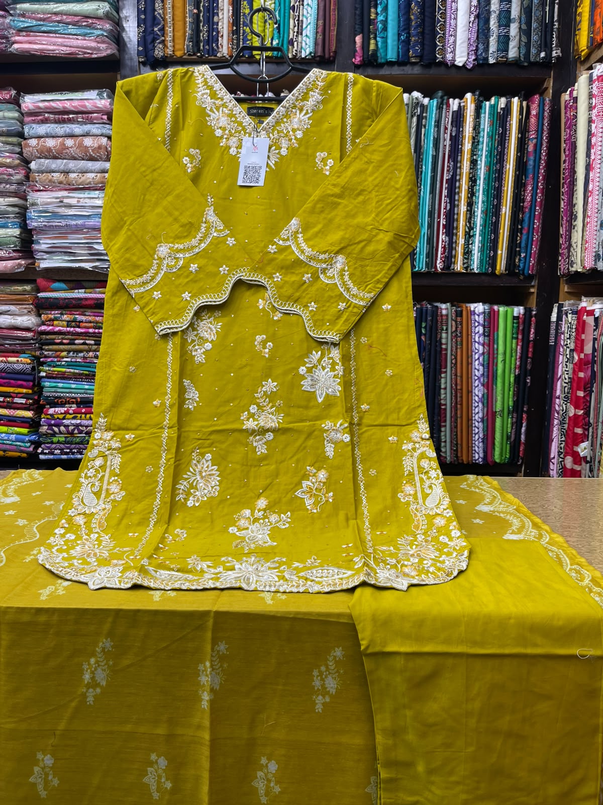 Premium Stitched 3-Piece Mustard Olive Lawn Suit with Scalloped Cutwork and White Embroidery