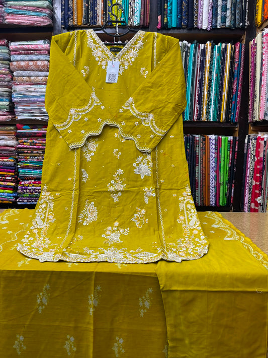 Premium Stitched 3-Piece Mustard Olive Lawn Suit with Scalloped Cutwork and White Embroidery
