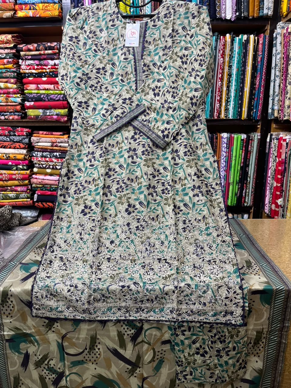 Bin Saeed Olive & Indigo Embroidered 3-Piece Lawn Suit