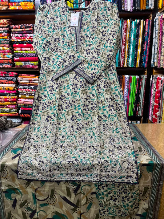 Bin Saeed Olive & Indigo Embroidered 3-Piece Lawn Suit