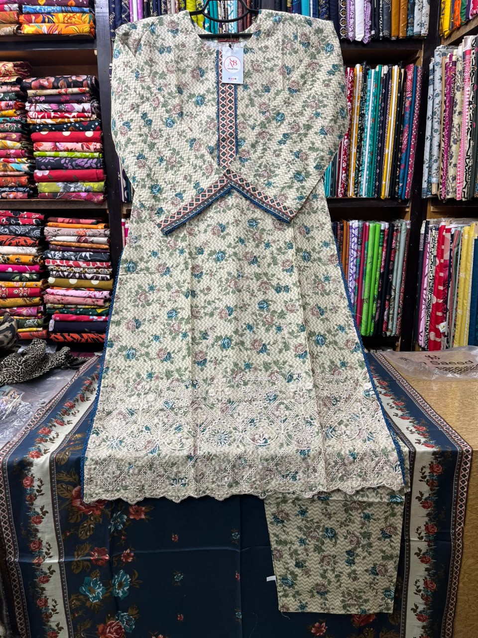 Bin Saeed Vintage Cream & Navy Embroidered 3-Piece Lawn Suit