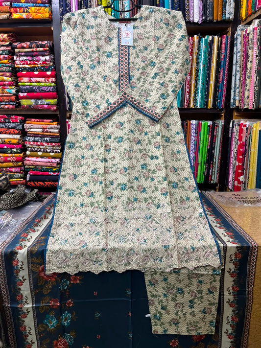 Bin Saeed Vintage Cream & Navy Embroidered 3-Piece Lawn Suit