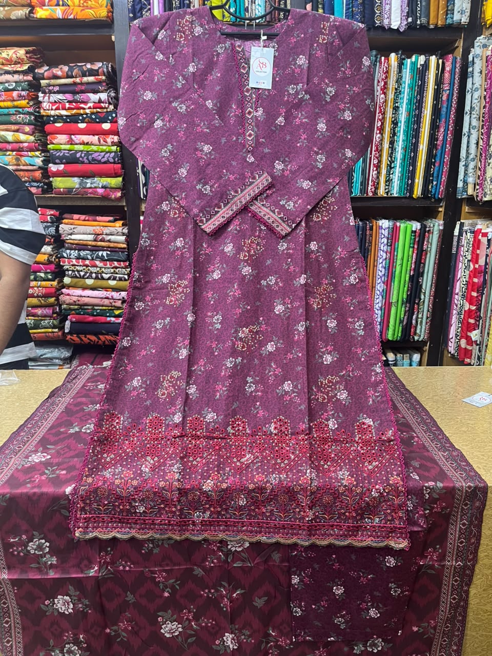 Bin Saeed Deep Plum Embroidered 3-Piece Lawn Suit