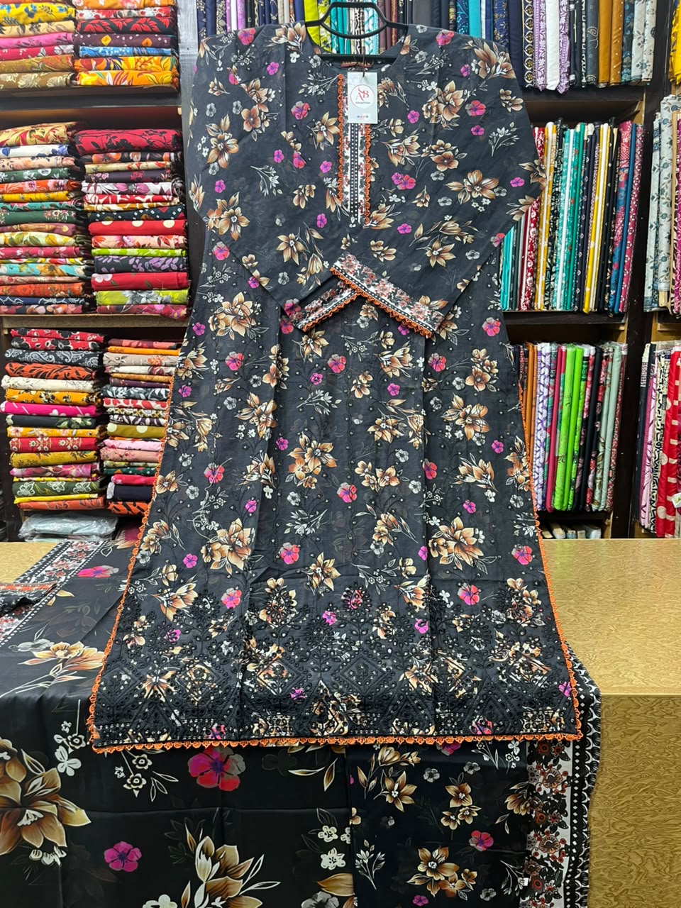 Bin Saeed Midnight Black Floral Embroidered 3-Piece Lawn Suit